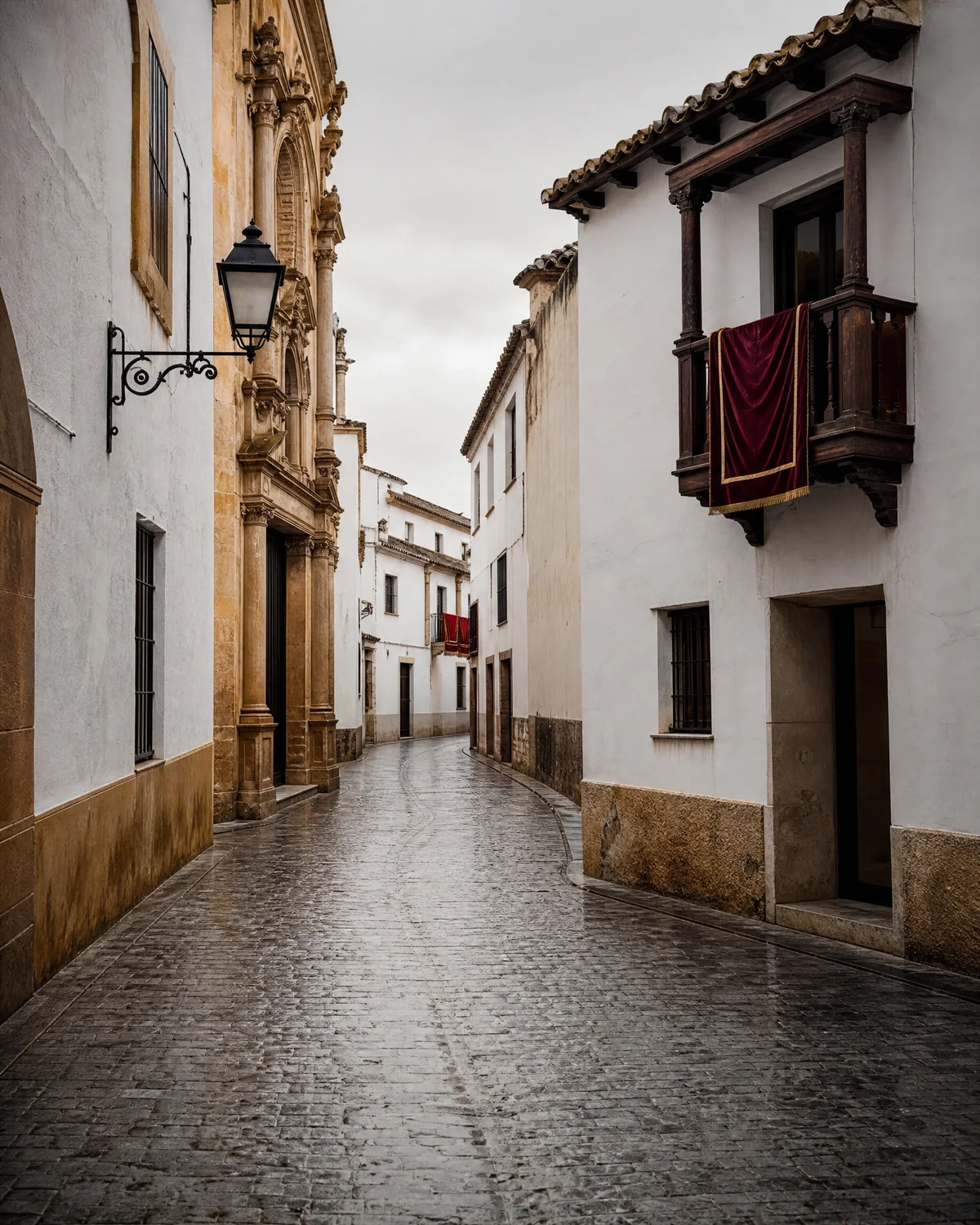 Calle histórica preparada para una ruta de Semana Santa